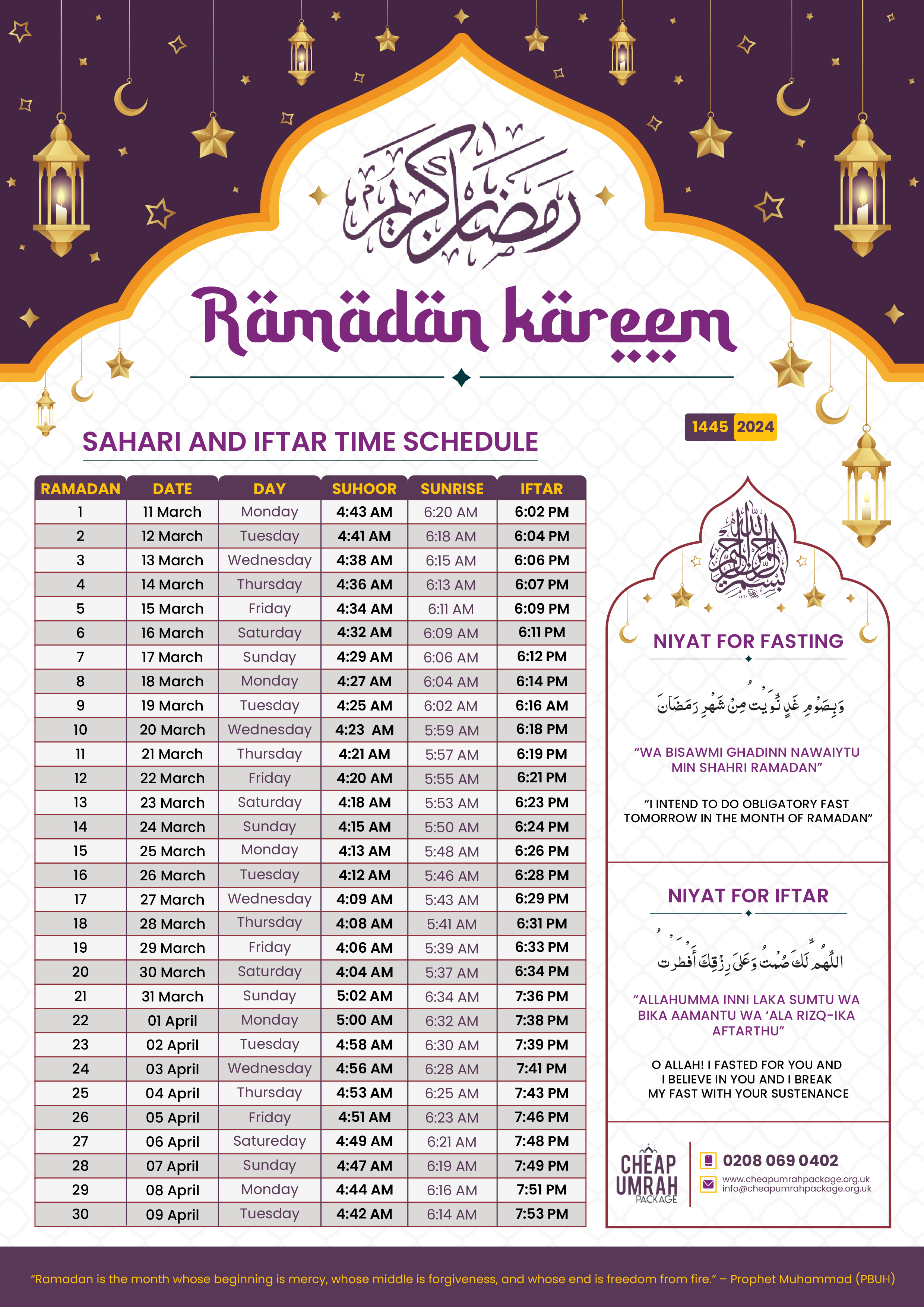 Ramadan timetable for London